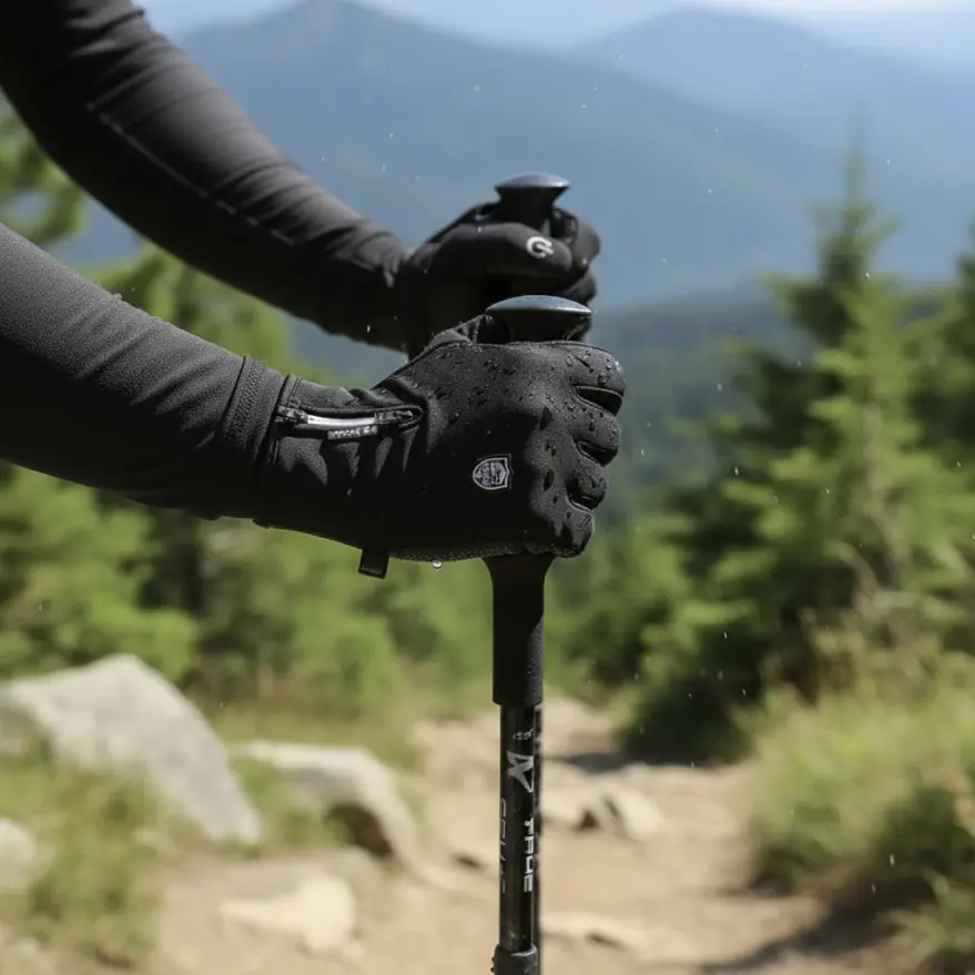 Hiker wearing BooLex gloves with trekking poles